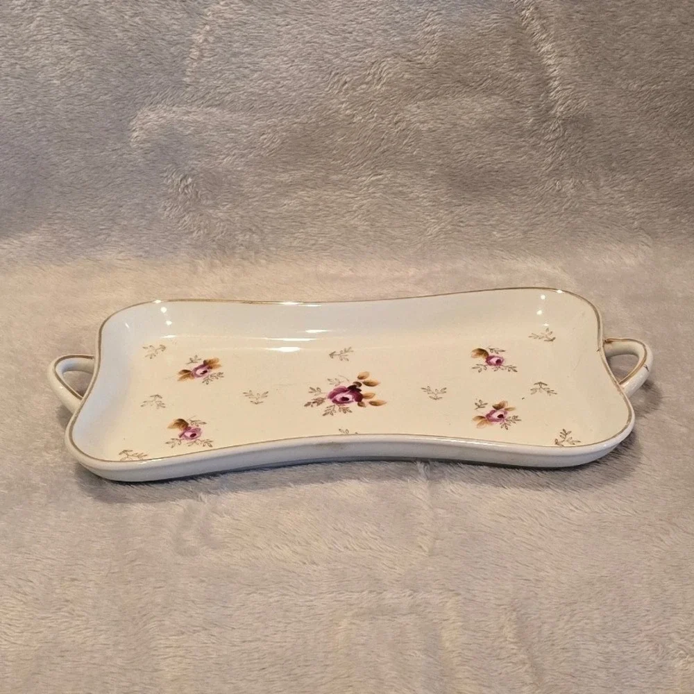 Vintage Porcelain Floral Vanity Tray Gold Trim Scalloped Rectangular Japan 10